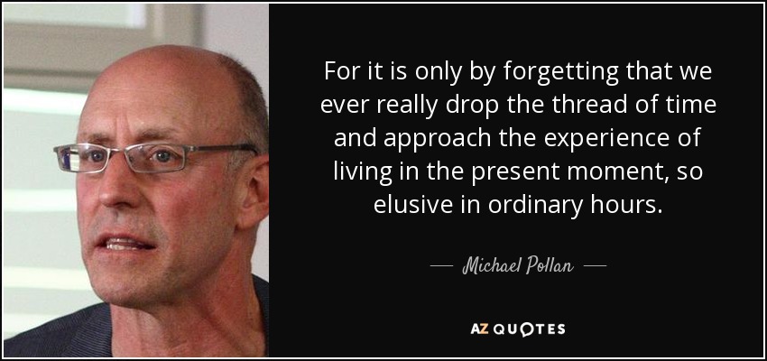 For it is only by forgetting that we ever really drop the thread of time and approach the experience of living in the present moment, so elusive in ordinary hours. - Michael Pollan