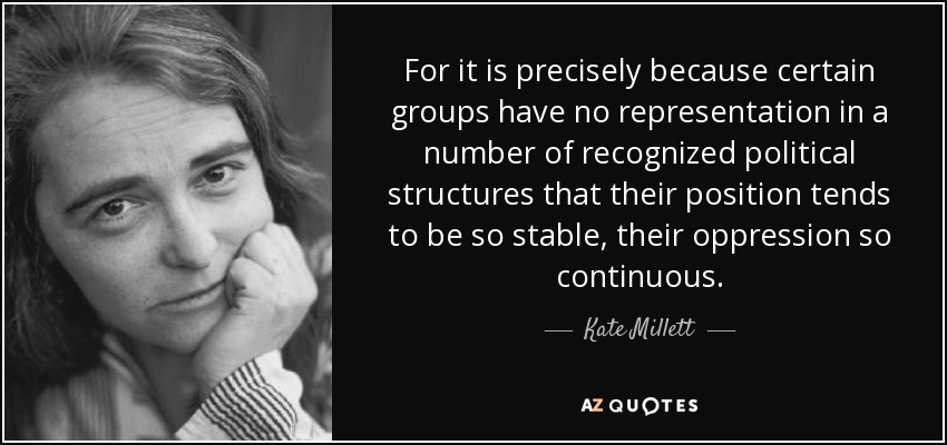 For it is precisely because certain groups have no representation in a number of recognized political structures that their position tends to be so stable, their oppression so continuous. - Kate Millett