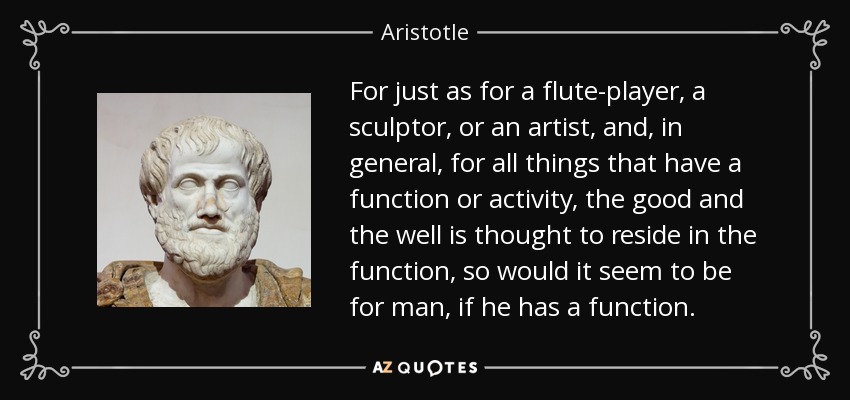 For just as for a flute-player, a sculptor, or an artist, and, in general, for all things that have a function or activity, the good and the well is thought to reside in the function, so would it seem to be for man, if he has a function. - Aristotle