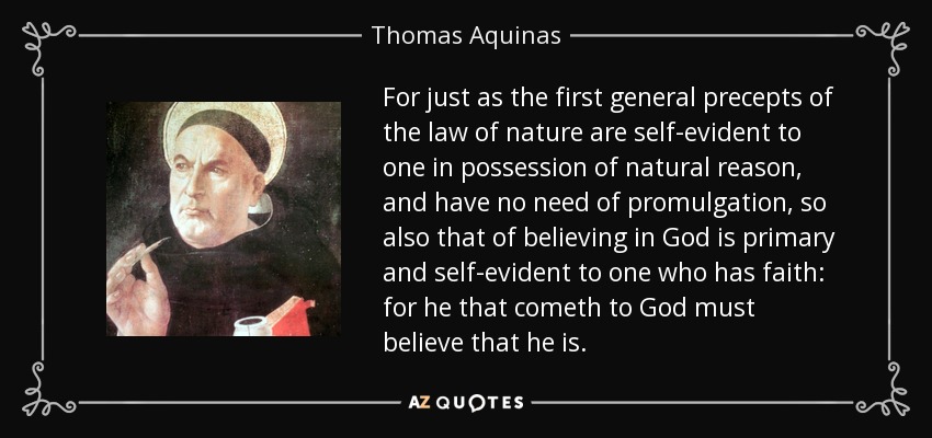 For just as the first general precepts of the law of nature are self-evident to one in possession of natural reason, and have no need of promulgation, so also that of believing in God is primary and self-evident to one who has faith: for he that cometh to God must believe that he is. - Thomas Aquinas