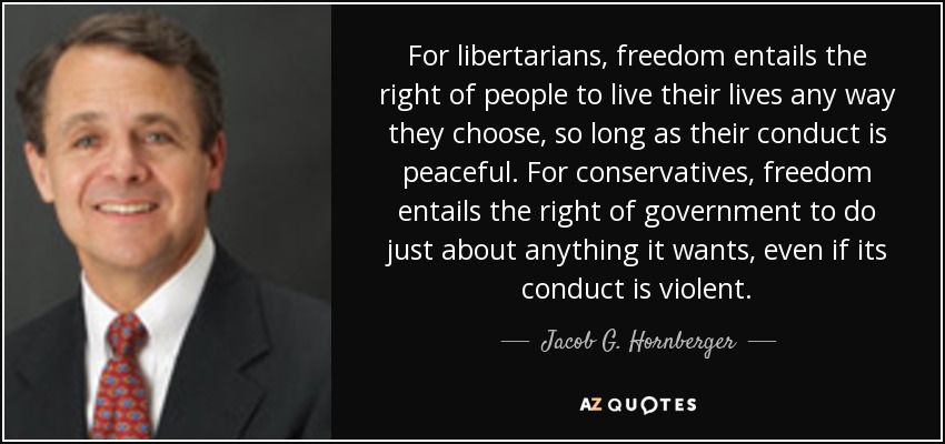 For libertarians, freedom entails the right of people to live their lives any way they choose, so long as their conduct is peaceful. For conservatives, freedom entails the right of government to do just about anything it wants, even if its conduct is violent. - Jacob G. Hornberger