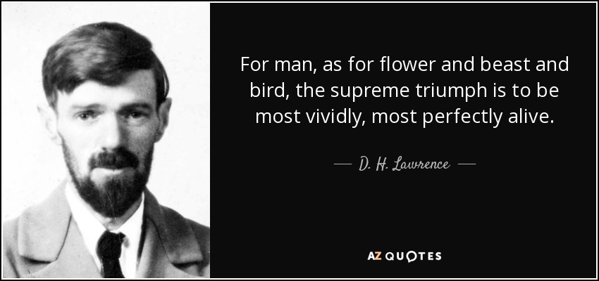 For man, as for flower and beast and bird, the supreme triumph is to be most vividly, most perfectly alive. - D. H. Lawrence