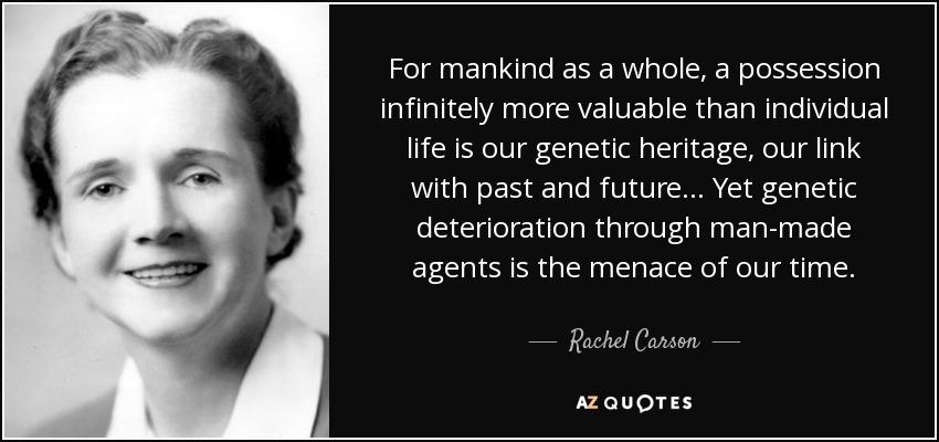 For mankind as a whole, a possession infinitely more valuable than individual life is our genetic heritage, our link with past and future... Yet genetic deterioration through man-made agents is the menace of our time. - Rachel Carson