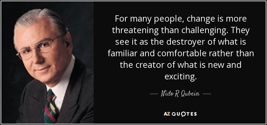 For many people, change is more threatening than challenging. They see it as the destroyer of what is familiar and comfortable rather than the creator of what is new and exciting. - Nido R Qubein