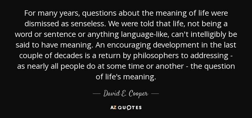 David E. Cooper quote: For many years, questions about the meaning of life  were