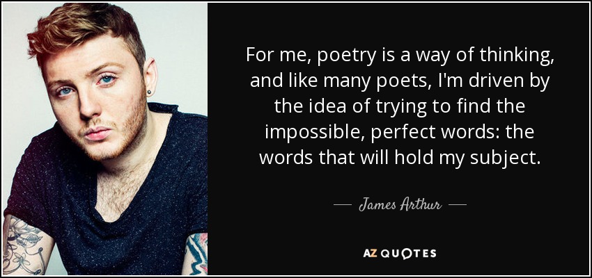 For me, poetry is a way of thinking, and like many poets, I'm driven by the idea of trying to find the impossible, perfect words: the words that will hold my subject. - James Arthur
