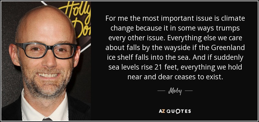 For me the most important issue is climate change because it in some ways trumps every other issue. Everything else we care about falls by the wayside if the Greenland ice shelf falls into the sea. And if suddenly sea levels rise 21 feet, everything we hold near and dear ceases to exist. - Moby