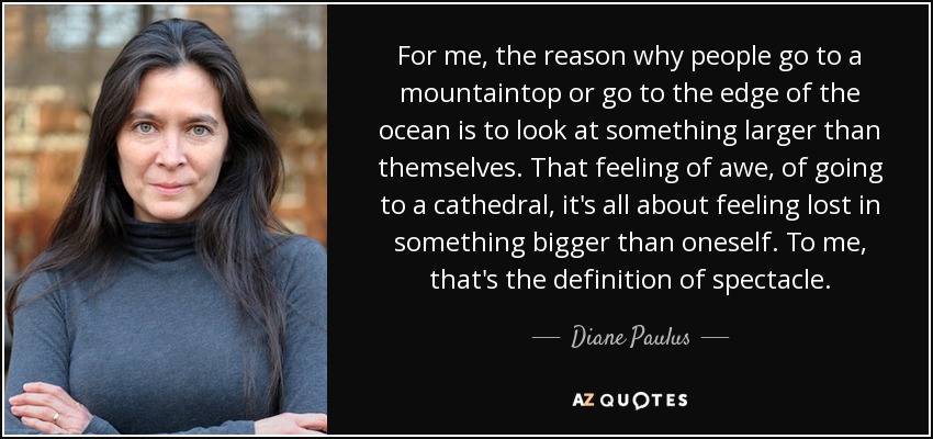 For me, the reason why people go to a mountaintop or go to the edge of the ocean is to look at something larger than themselves. That feeling of awe, of going to a cathedral, it's all about feeling lost in something bigger than oneself. To me, that's the definition of spectacle. - Diane Paulus