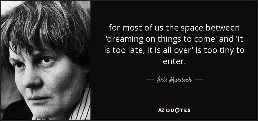 for most of us the space between 'dreaming on things to come' and 'it is too late, it is all over' is too tiny to enter. - Iris Murdoch