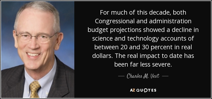 For much of this decade, both Congressional and administration budget projections showed a decline in science and technology accounts of between 20 and 30 percent in real dollars. The real impact to date has been far less severe. - Charles M. Vest