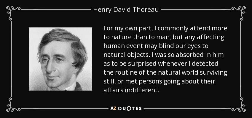 For my own part, I commonly attend more to nature than to man, but any affecting human event may blind our eyes to natural objects. I was so absorbed in him as to be surprised whenever I detected the routine of the natural world surviving still, or met persons going about their affairs indifferent. - Henry David Thoreau