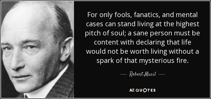 For only fools, fanatics, and mental cases can stand living at the highest pitch of soul; a sane person must be content with declaring that life would not be worth living without a spark of that mysterious fire. - Robert Musil