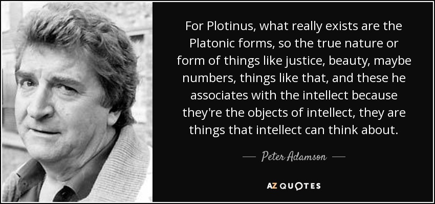 For Plotinus, what really exists are the Platonic forms, so the true nature or form of things like justice, beauty, maybe numbers, things like that, and these he associates with the intellect because they're the objects of intellect, they are things that intellect can think about. - Peter Adamson