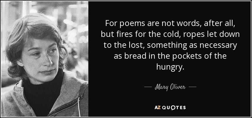 For poems are not words, after all, but fires for the cold, ropes let down to the lost, something as necessary as bread in the pockets of the hungry. - Mary Oliver