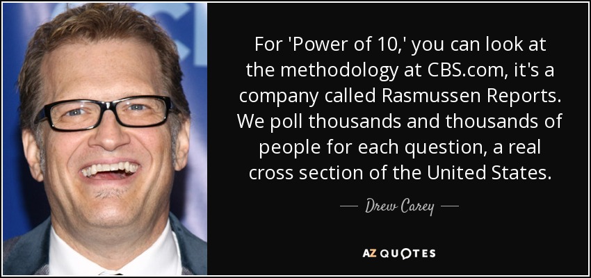 For 'Power of 10,' you can look at the methodology at CBS.com, it's a company called Rasmussen Reports. We poll thousands and thousands of people for each question, a real cross section of the United States. - Drew Carey
