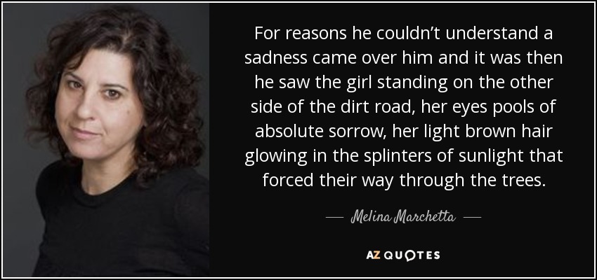 For reasons he couldn’t understand a sadness came over him and it was then he saw the girl standing on the other side of the dirt road, her eyes pools of absolute sorrow, her light brown hair glowing in the splinters of sunlight that forced their way through the trees. - Melina Marchetta
