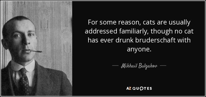 For some reason, cats are usually addressed familiarly, though no cat has ever drunk bruderschaft with anyone. - Mikhail Bulgakov