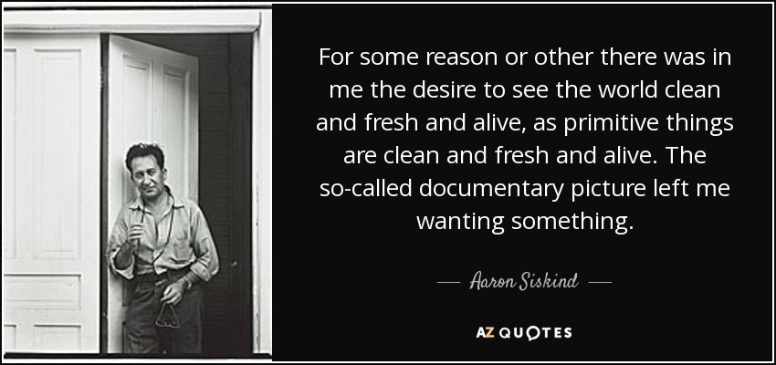 For some reason or other there was in me the desire to see the world clean and fresh and alive, as primitive things are clean and fresh and alive. The so-called documentary picture left me wanting something. - Aaron Siskind