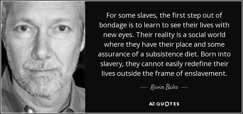 For some slaves, the first step out of bondage is to learn to see their lives with new eyes. Their reality is a social world where they have their place and some assurance of a subsistence diet. Born into slavery, they cannot easily redefine their lives outside the frame of enslavement. - Kevin Bales