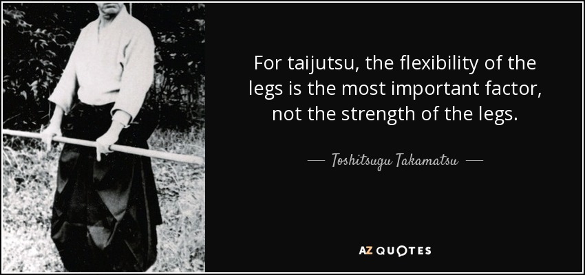 For taijutsu, the flexibility of the legs is the most important factor, not the strength of the legs. - Toshitsugu Takamatsu