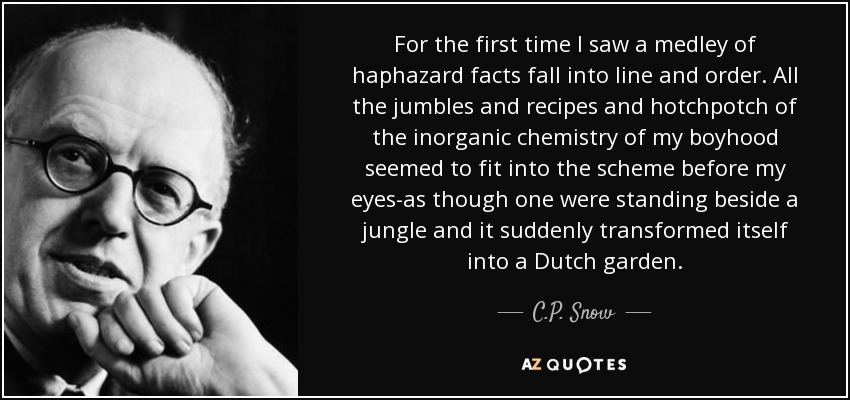 For the first time I saw a medley of haphazard facts fall into line and order. All the jumbles and recipes and hotchpotch of the inorganic chemistry of my boyhood seemed to fit into the scheme before my eyes-as though one were standing beside a jungle and it suddenly transformed itself into a Dutch garden. - C.P. Snow