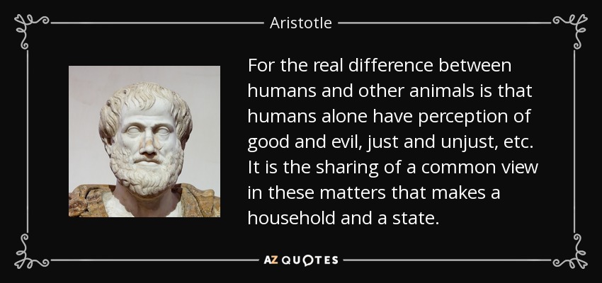For the real difference between humans and other animals is that humans alone have perception of good and evil, just and unjust, etc. It is the sharing of a common view in these matters that makes a household and a state. - Aristotle