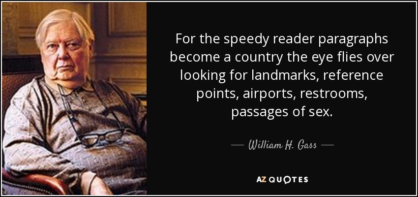 For the speedy reader paragraphs become a country the eye flies over looking for landmarks, reference points, airports, restrooms, passages of sex. - William H. Gass