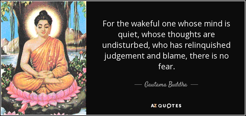 For the wakeful one whose mind is quiet, whose thoughts are undisturbed, who has relinquished judgement and blame, there is no fear. - Gautama Buddha