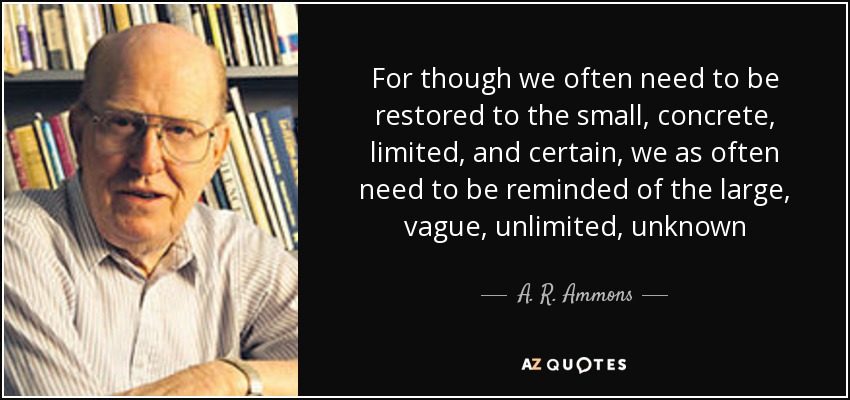 For though we often need to be restored to the small, concrete, limited, and certain, we as often need to be reminded of the large, vague, unlimited, unknown - A. R. Ammons