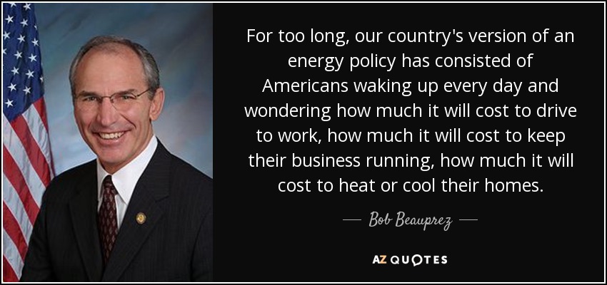 For too long, our country's version of an energy policy has consisted of Americans waking up every day and wondering how much it will cost to drive to work, how much it will cost to keep their business running, how much it will cost to heat or cool their homes. - Bob Beauprez