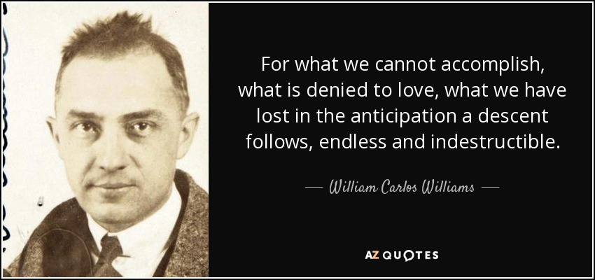 For what we cannot accomplish, what is denied to love, what we have lost in the anticipation a descent follows, endless and indestructible. - William Carlos Williams