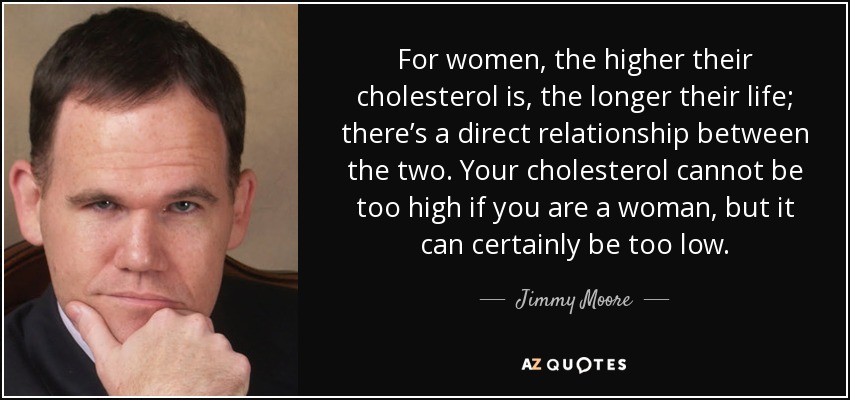 For women, the higher their cholesterol is, the longer their life; there’s a direct relationship between the two. Your cholesterol cannot be too high if you are a woman, but it can certainly be too low. - Jimmy Moore