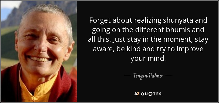 Forget about realizing shunyata and going on the different bhumis and all this. Just stay in the moment, stay aware, be kind and try to improve your mind. - Tenzin Palmo