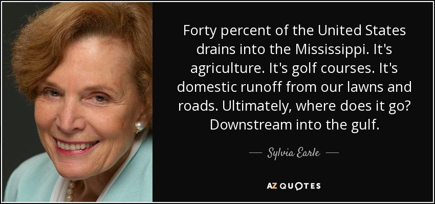 Forty percent of the United States drains into the Mississippi. It's agriculture. It's golf courses. It's domestic runoff from our lawns and roads. Ultimately, where does it go? Downstream into the gulf. - Sylvia Earle