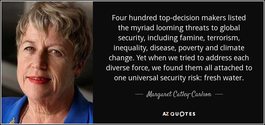 Four hundred top-decision makers listed the myriad looming threats to global security, including famine, terrorism, inequality, disease, poverty and climate change. Yet when we tried to address each diverse force, we found them all attached to one universal security risk: fresh water. - Margaret Catley-Carlson