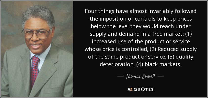 Four things have almost invariably followed the imposition of controls to keep prices below the level they would reach under supply and demand in a free market: (1) increased use of the product or service whose price is controlled, (2) Reduced supply of the same product or service, (3) quality deterioration, (4) black markets. - Thomas Sowell