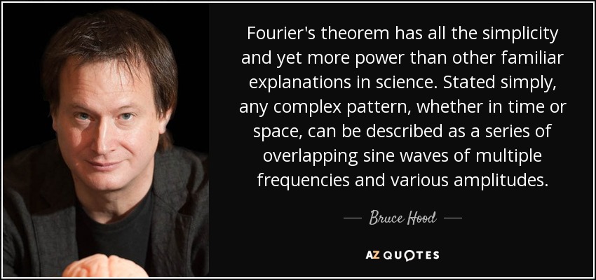Fourier's theorem has all the simplicity and yet more power than other familiar explanations in science. Stated simply, any complex pattern, whether in time or space, can be described as a series of overlapping sine waves of multiple frequencies and various amplitudes. - Bruce Hood