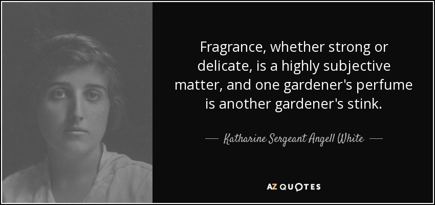 Fragrance, whether strong or delicate, is a highly subjective matter, and one gardener's perfume is another gardener's stink. - Katharine Sergeant Angell White