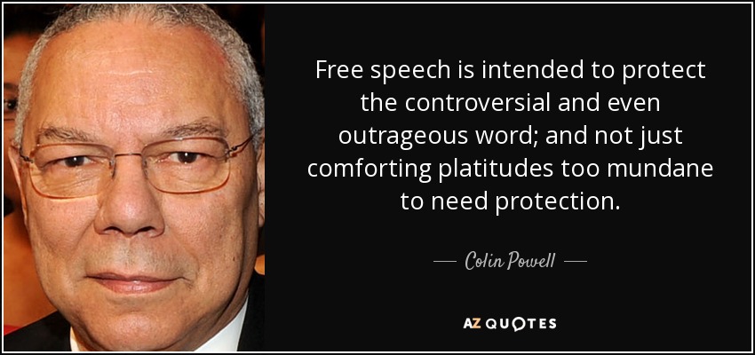 Free speech is intended to protect the controversial and even outrageous word; and not just comforting platitudes too mundane to need protection. - Colin Powell