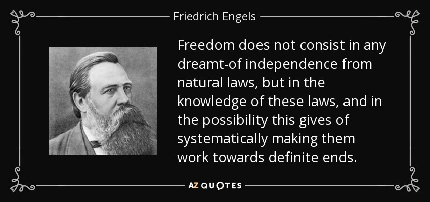 Freedom does not consist in any dreamt-of independence from natural laws, but in the knowledge of these laws, and in the possibility this gives of systematically making them work towards definite ends. - Friedrich Engels