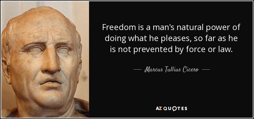 Freedom is a man's natural power of doing what he pleases, so far as he is not prevented by force or law. - Marcus Tullius Cicero