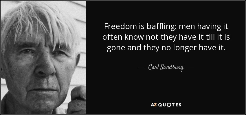 Freedom is baffling: men having it often know not they have it till it is gone and they no longer have it. - Carl Sandburg