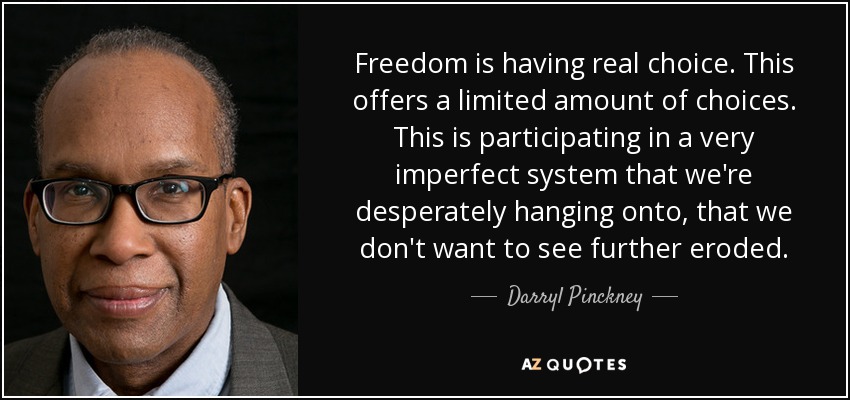 Freedom is having real choice. This offers a limited amount of choices. This is participating in a very imperfect system that we're desperately hanging onto, that we don't want to see further eroded. - Darryl Pinckney