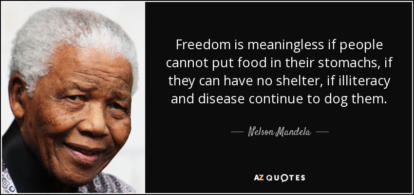 Freedom is meaningless if people cannot put food in their stomachs, if they can have no shelter, if illiteracy and disease continue to dog them. - Nelson Mandela