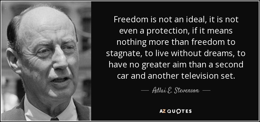 Freedom is not an ideal, it is not even a protection, if it means nothing more than freedom to stagnate, to live without dreams, to have no greater aim than a second car and another television set. - Adlai E. Stevenson