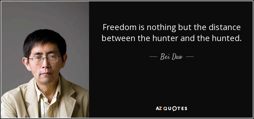 Freedom is nothing but the distance between the hunter and the hunted. - Bei Dao