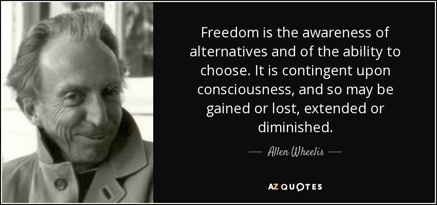 Freedom is the awareness of alternatives and of the ability to choose. It is contingent upon consciousness, and so may be gained or lost, extended or diminished. - Allen Wheelis
