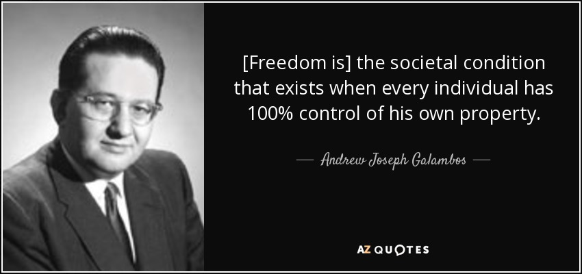 [Freedom is] the societal condition that exists when every individual has 100% control of his own property. - Andrew Joseph Galambos