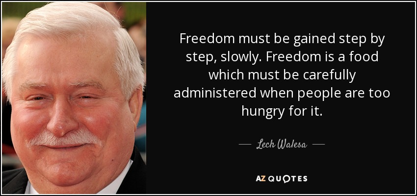 Freedom must be gained step by step, slowly. Freedom is a food which must be carefully administered when people are too hungry for it. - Lech Walesa