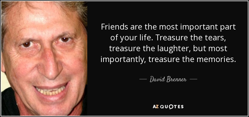 Friends are the most important part of your life. Treasure the tears, treasure the laughter, but most importantly, treasure the memories. - David Brenner